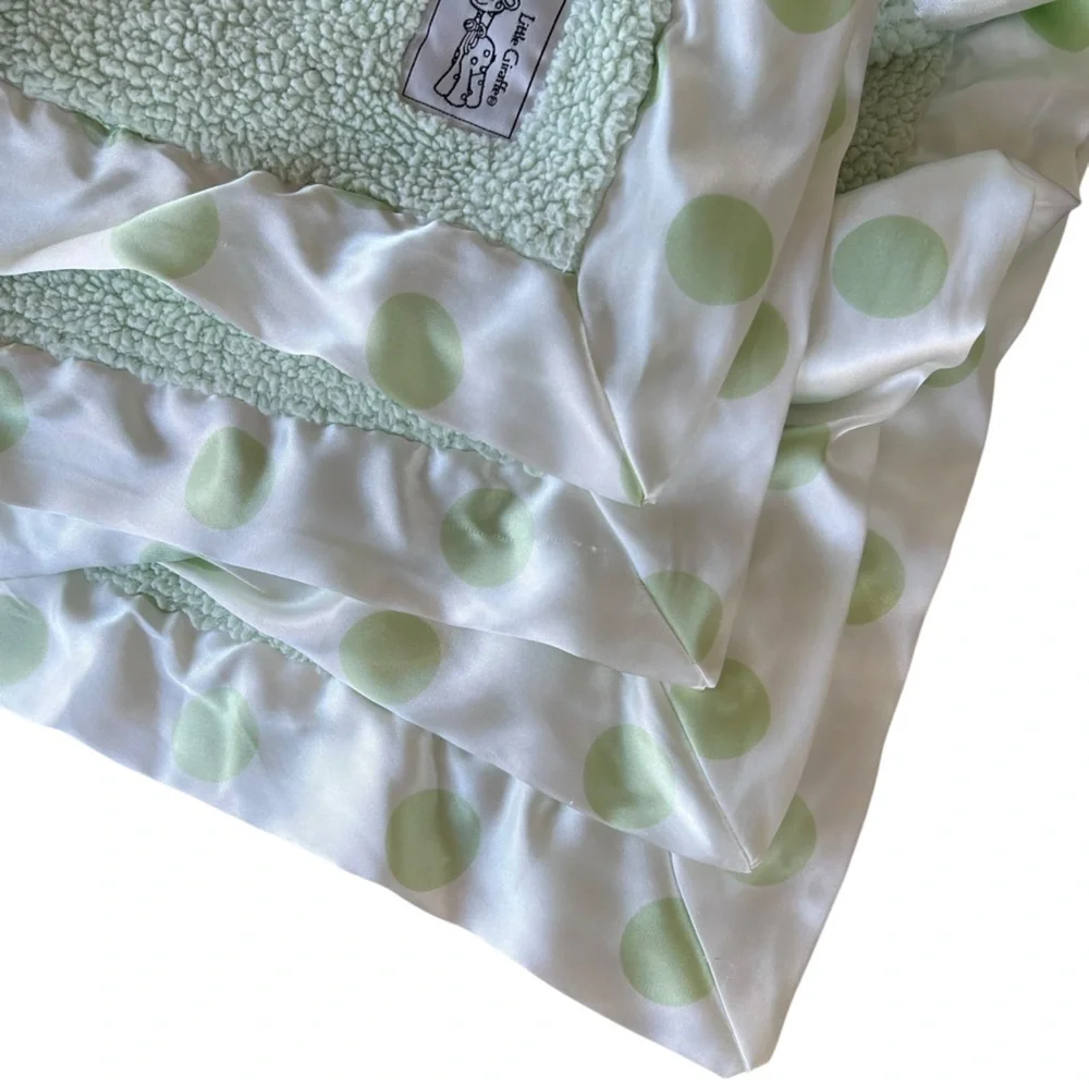Little Giraffe Mint Green Chenille Baby Blanket Polka Dot Satin Trim 31x37 GUC